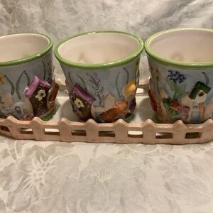 Whimsical country cottage pottery ceramic pots planter set+oval ceramic saucer
